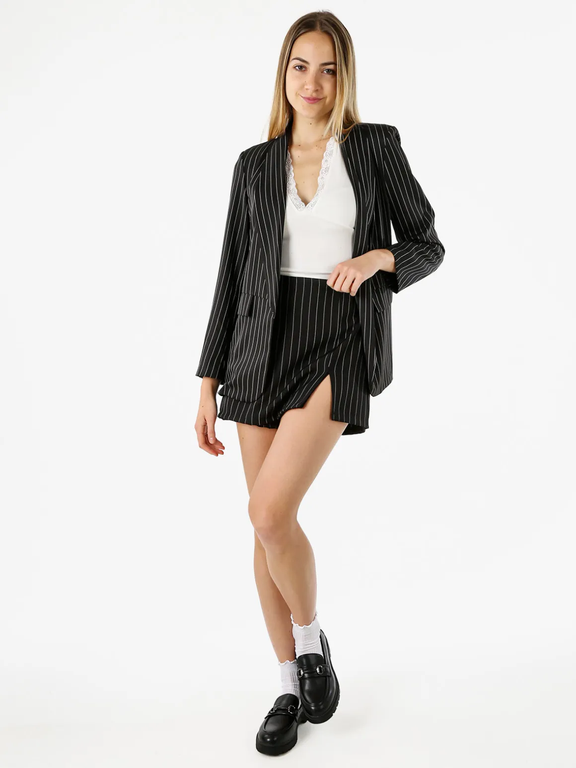 Melitea Blazer donna gessato senza chiusura - nero