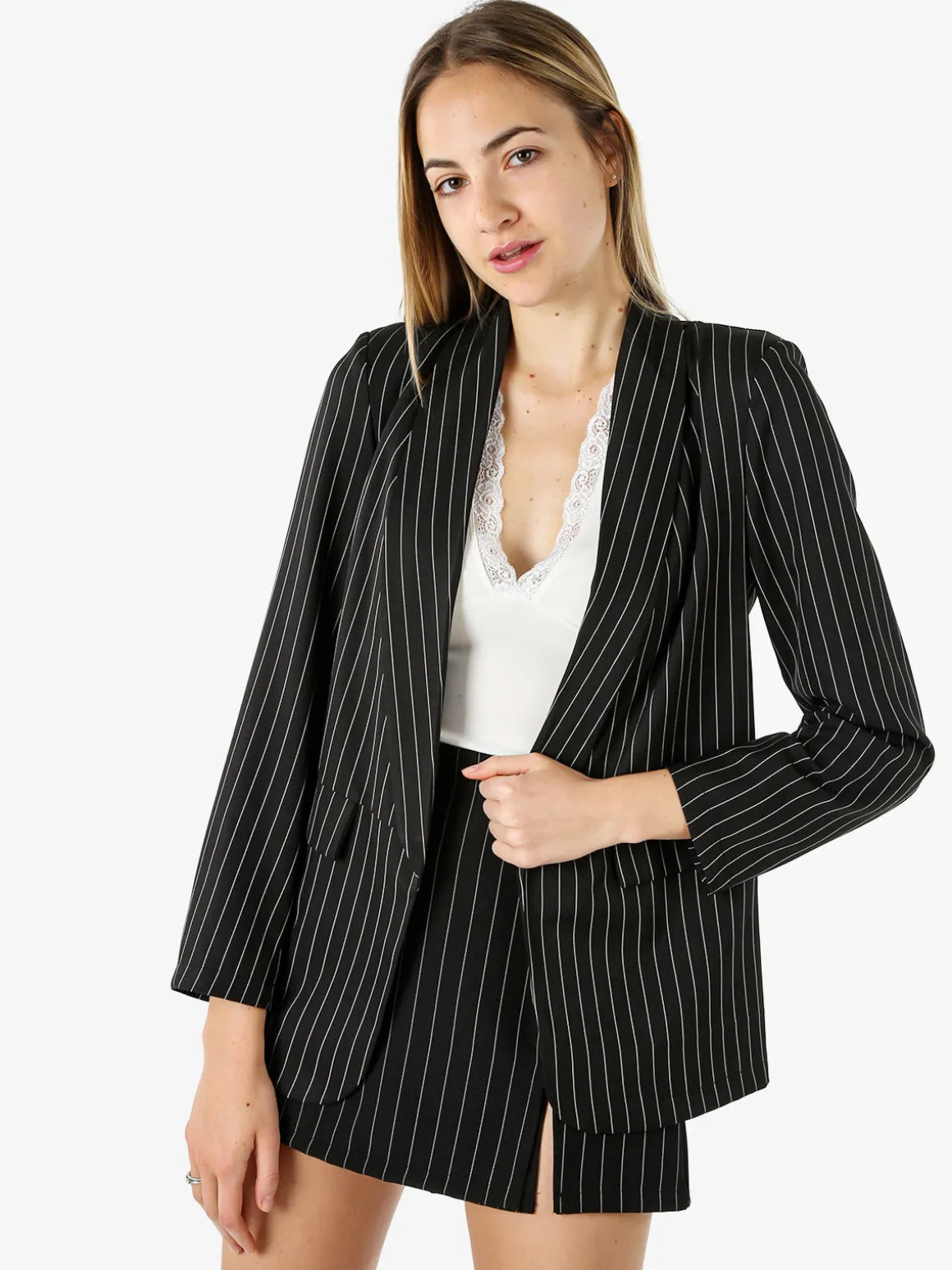 Melitea Blazer donna gessato senza chiusura - nero
