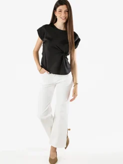 Melitea Blusa donna a maniche corte in tessuto effetto raso - nero