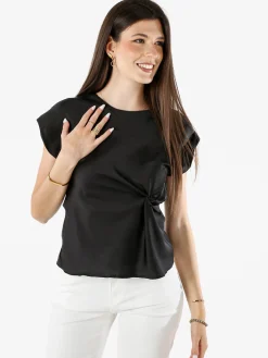 Melitea Blusa donna a maniche corte in tessuto effetto raso - nero