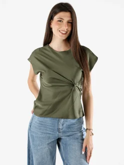 Melitea Blusa donna a maniche corte in tessuto effetto raso - militare
