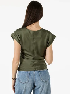 Melitea Blusa donna a maniche corte in tessuto effetto raso - militare