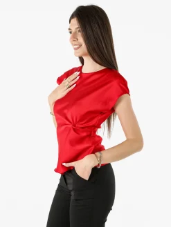 Melitea Blusa donna a maniche corte in tessuto effetto raso - rosso