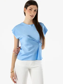 Melitea Blusa donna a maniche corte in tessuto effetto raso - azzurro
