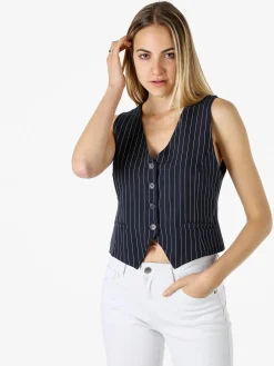 Melitea Gilet donna gessato con bottoni - blu scuro