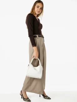Melitea Pantaloni donna a palazzo con vita alta e cintura - taupe