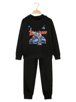 Mg Fashion Studio Completo tuta da bambino con cappuccio e zip e stampa davanti e dietro - nero