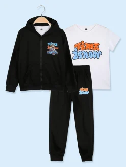 Mg Fashion Studio Completo tuta da bambino con cappuccio e zip e stampa davanti e dietro - nero