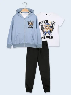 Mg Fashion Studio Completo tuta 3 pezzi da ragazzo con cappuccio e zip - azzurro