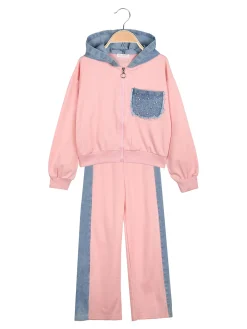 Miss Bellina Completo 2 pezzi da bambina a gamba larga con cappuccio in jeans e zip - rosa