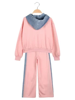 Miss Bellina Completo 2 pezzi da bambina a gamba larga con cappuccio in jeans e zip - rosa