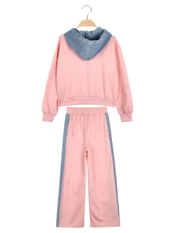 Miss Bellina Completo 2 pezzi da bambina a gamba larga con cappuccio in jeans e zip - rosa