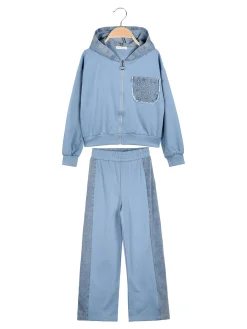 Miss Bellina Completo 2 pezzi da bambina a gamba larga con cappuccio in jeans e zip - azzurro