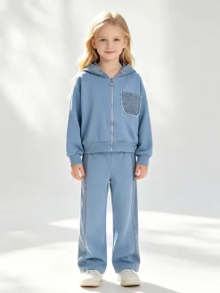 Miss Bellina Completo 2 pezzi da bambina a gamba larga con cappuccio in jeans e zip - azzurro