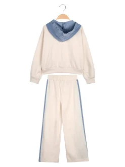 Miss Bellina Completo 2 pezzi da bambina a gamba larga con cappuccio in jeans e zip - panna