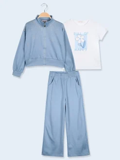 Miss Bellina Completo 3 pezzi da bambina con strass e zip - azzurro