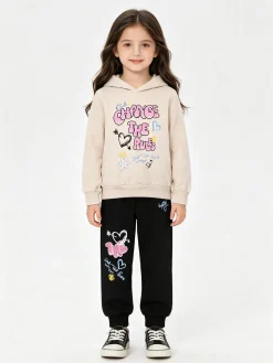 Miss Bellina Completo tuta 2 pezzi da bambina con cappuccio e stampe - beige