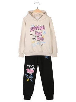 Miss Bellina Completo tuta 2 pezzi da bambina con cappuccio e stampe - beige