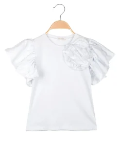 Miss Bellina T-shirt da ragazza con fiore e maniche ampie a volant