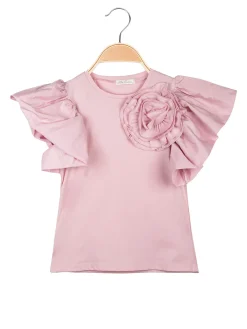 Miss Bellina T-shirt da ragazza con fiore e maniche ampie a volant