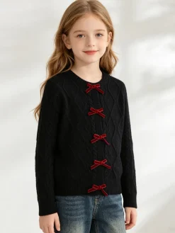Miss Brum Cardigan da bambina in maglia con fiocchetti di velluto - nero