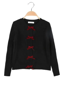 Miss Brum Cardigan da bambina in maglia con fiocchetti di velluto - nero