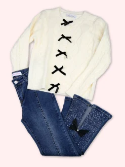 Miss Brum Cardigan da bambina in maglia con fiocchetti di velluto - panna