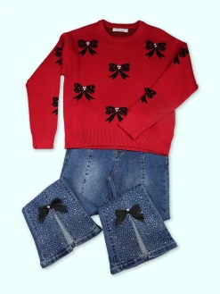 Miss Brum Maglione girocollo da bambina con strass - rosso