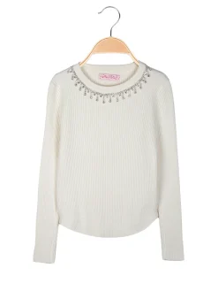 Miss Brum Pullover da bambina in maglia con girocollo di strass