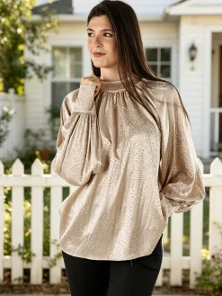Miss E Co Blusa donna accollata a maniche lunghe linea curvy - nudo