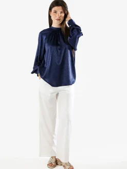 Miss E Co Blusa donna accollata a maniche lunghe linea curvy - blu
