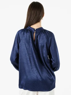 Miss E Co Blusa donna accollata a maniche lunghe linea curvy - blu