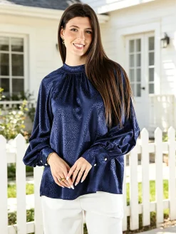 Miss E Co Blusa donna accollata a maniche lunghe linea curvy - blu