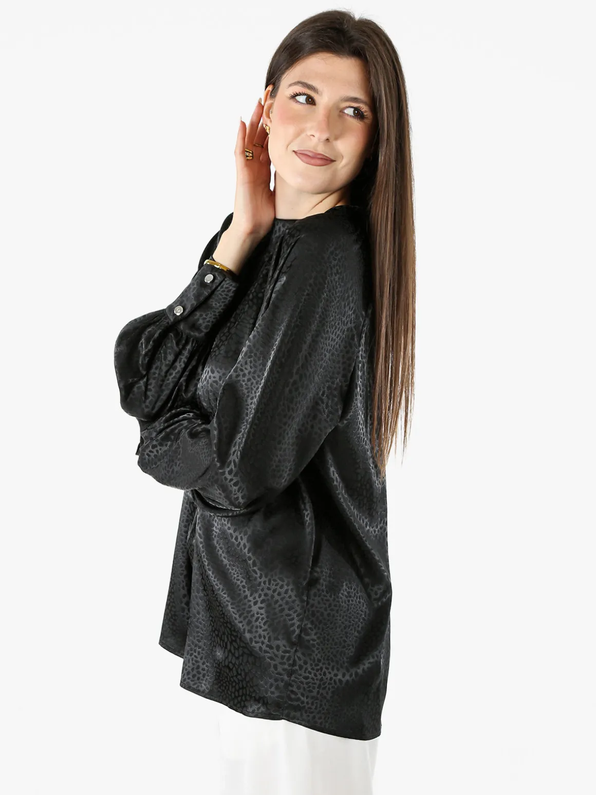 Miss E Co Blusa donna accollata a maniche lunghe linea curvy - nero