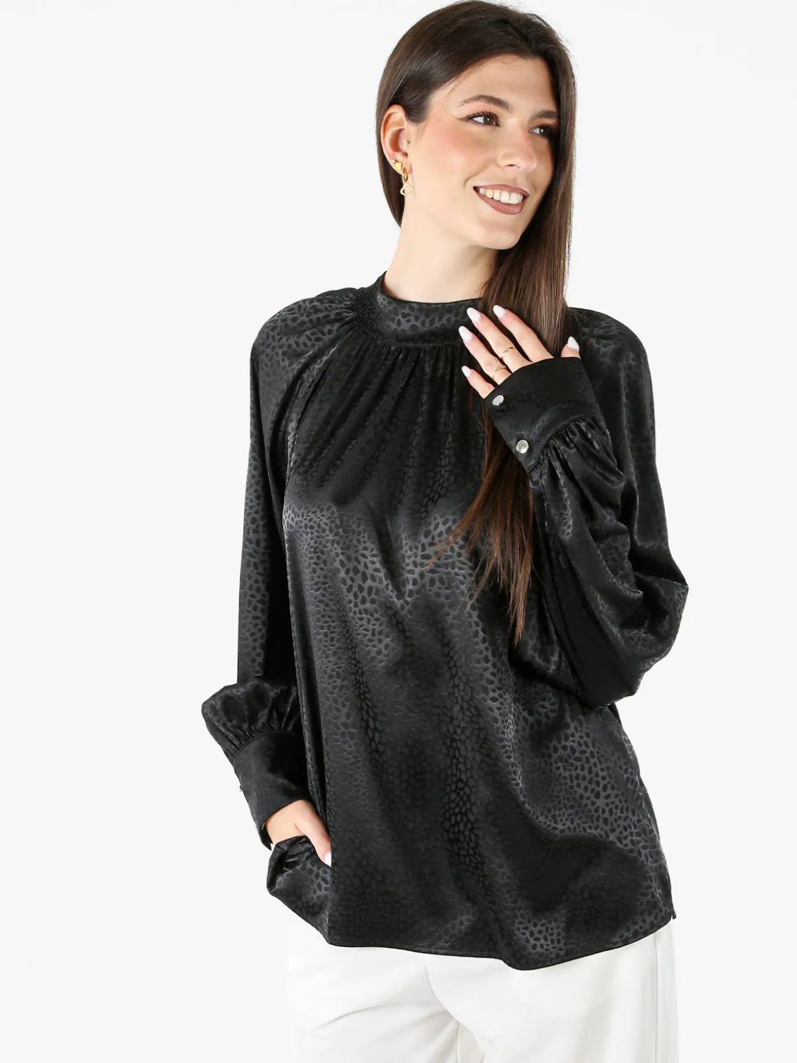 Miss E Co Blusa donna accollata a maniche lunghe linea curvy - nero