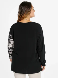 Miss E Co Blusa donna a maniche lunghe con stampa fantasia linea curvy - nero