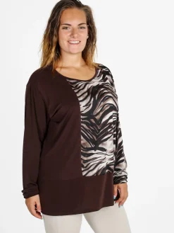 Miss E Co Blusa donna a maniche lunghe con stampa fantasia linea curvy - moro
