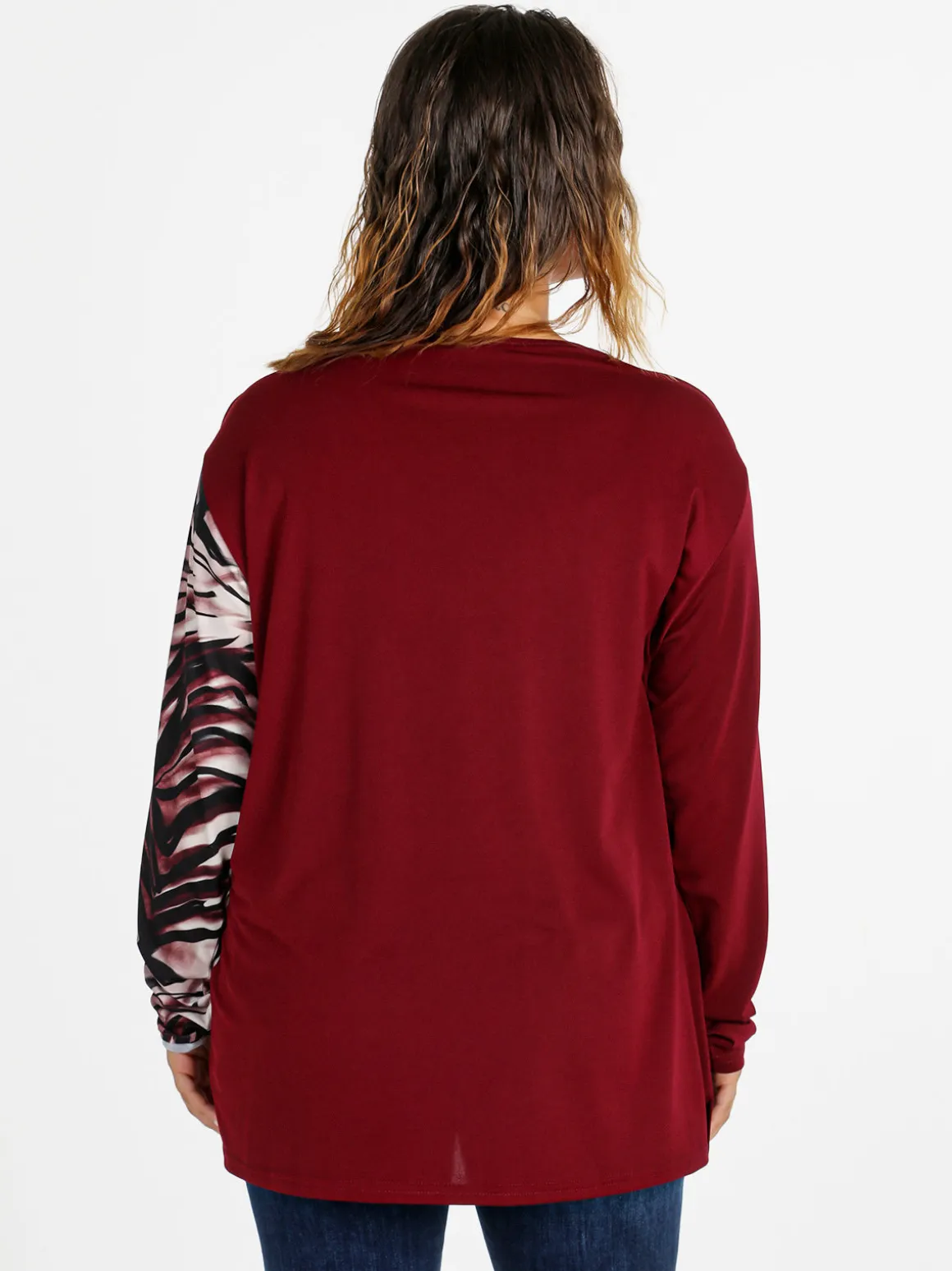 Miss E Co Blusa donna a maniche lunghe con stampa fantasia linea curvy - bordeaux