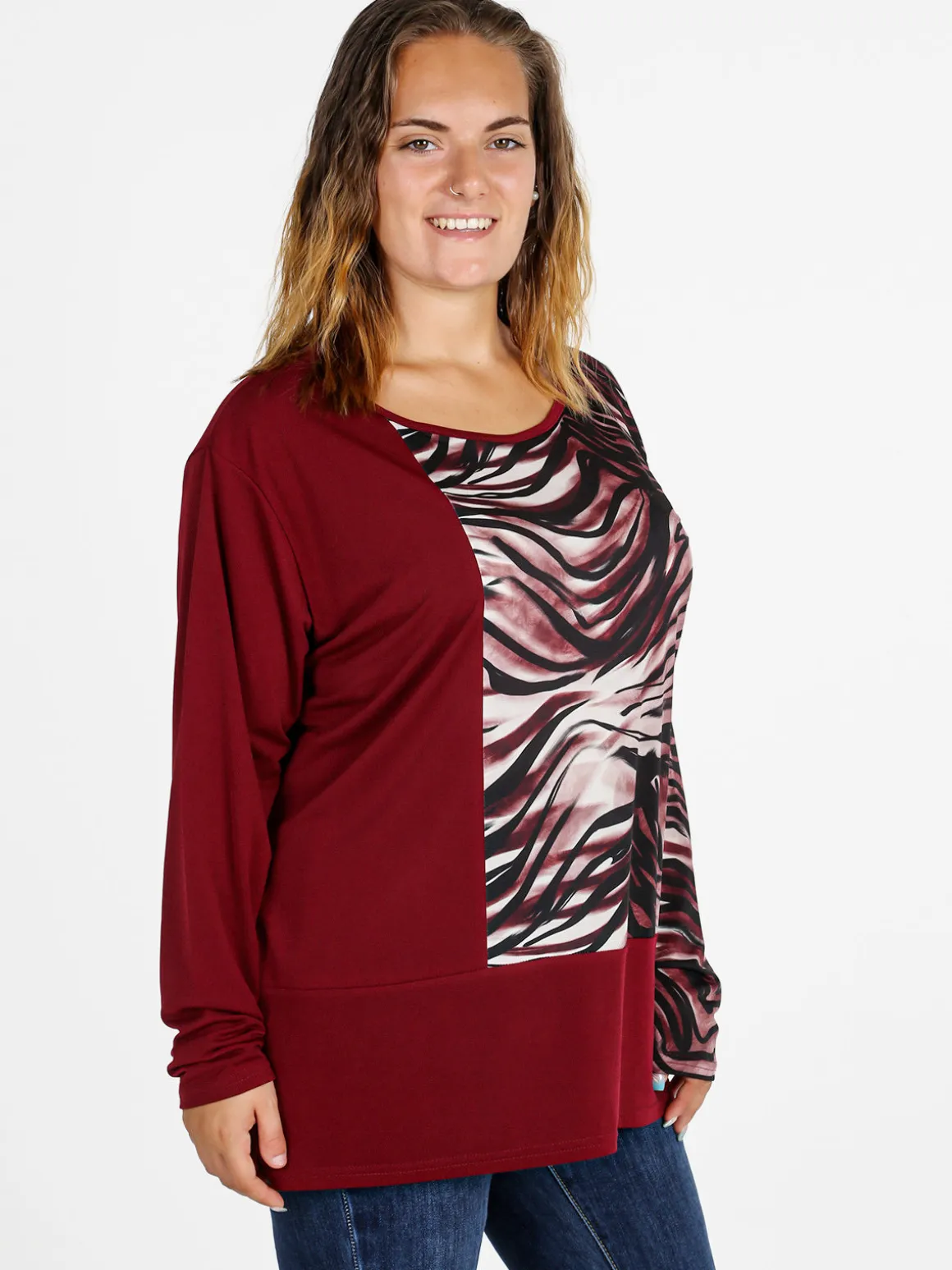 Miss E Co Blusa donna a maniche lunghe con stampa fantasia linea curvy - bordeaux