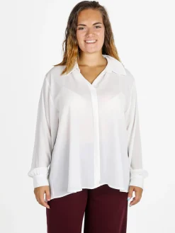 Miss E Co Camicia donna a maniche lunghe con scollo a V linea curvy - bianco