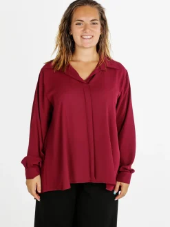 Miss E Co Camicia donna a maniche lunghe con scollo a V linea curvy - bordeaux