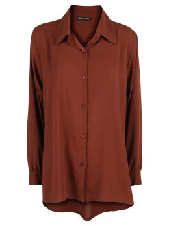 Miss E Co Camicia donna a maniche lunghe con scollo a V linea curvy - marrone