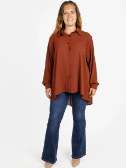 Miss E Co Camicia donna a maniche lunghe con scollo a V linea curvy - marrone