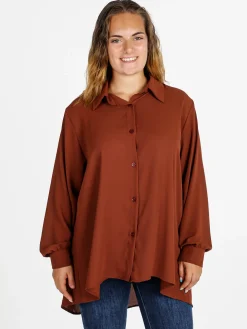 Miss E Co Camicia donna a maniche lunghe con scollo a V linea curvy - marrone