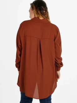 Miss E Co Camicia donna a maniche lunghe con scollo a V linea curvy - marrone