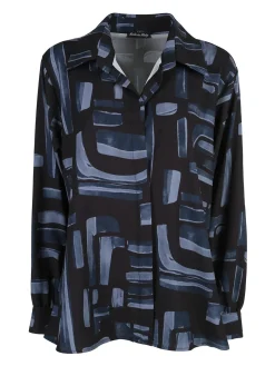 Miss E Co Camicia donna fantasia a maniche lunghe con scollo a V linea curvy - blu scuro