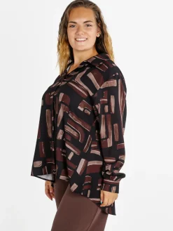 Miss E Co Camicia donna fantasia a maniche lunghe con scollo a V linea curvy - marrone