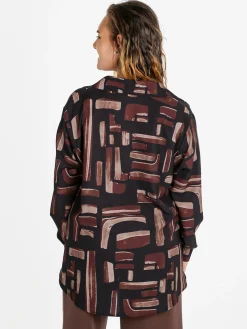 Miss E Co Camicia donna fantasia a maniche lunghe con scollo a V linea curvy - marrone