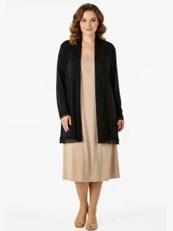 Miss E Co Cardigan donna a maniche lunghe con bordo finale in pizzo linea curvy - nero