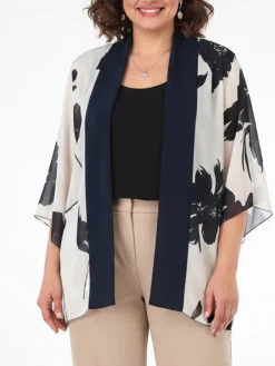 Miss E Co Set donna 2 pezzi con cardigan floreale e t-shirt in viscosa linea curvy - blu scuro